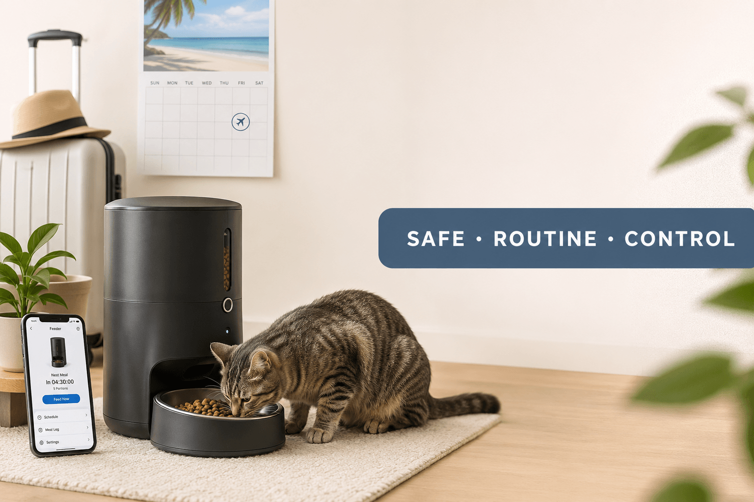 cat feeder for vacation cover image with safe routine control badge