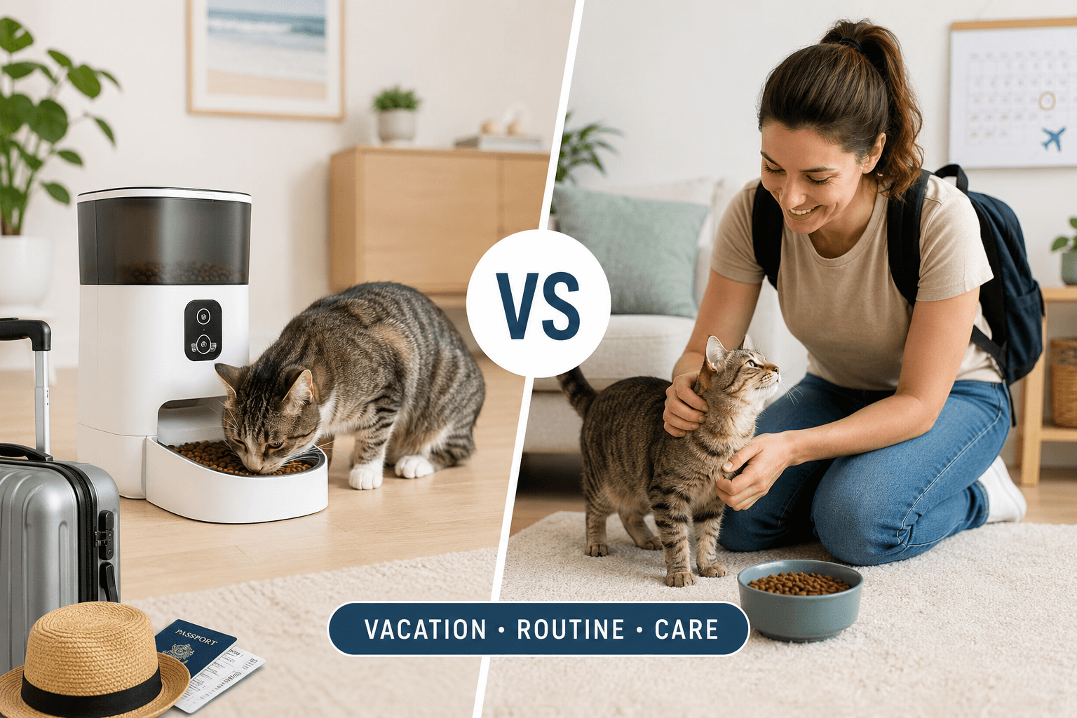 cat feeder vs pet sitter cover image with vacation routine care badge