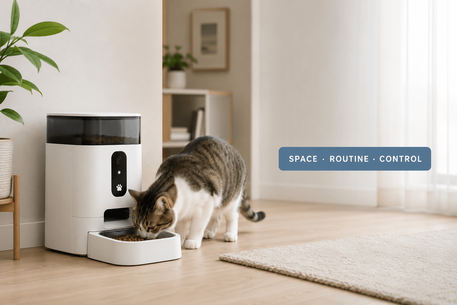 compact smart pet feeder cover image with space routine control badge