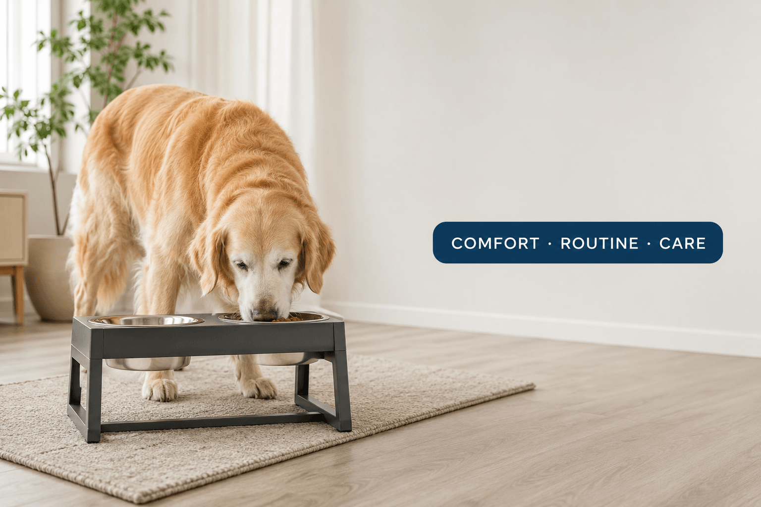 elevated pet feeder for seniors cover image with comfort routine care badge
