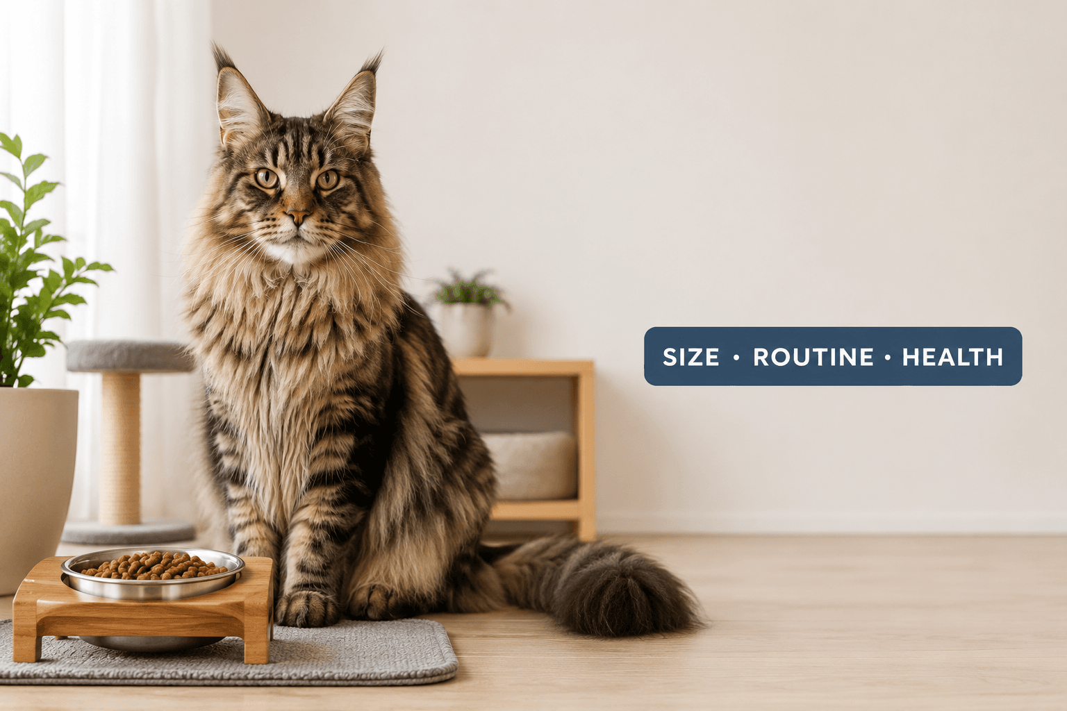 feeding guide for Maine Coons cover image with size routine health badge