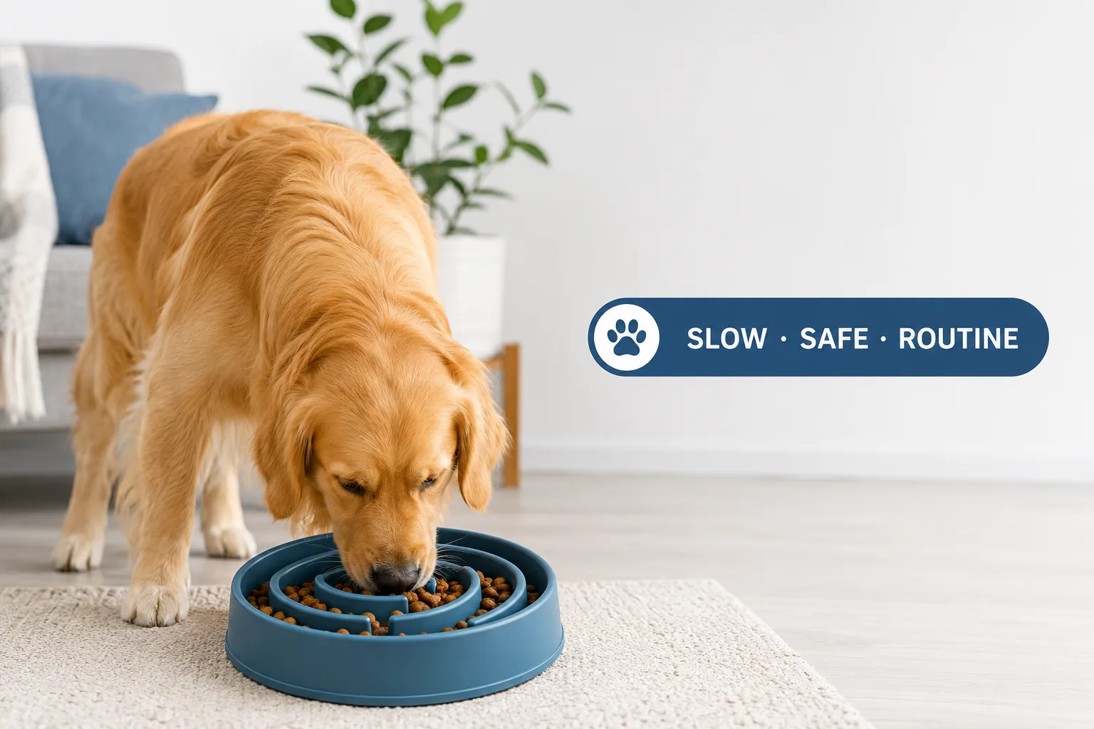 golden retriever slow feeder cover image with slow safe routine badge