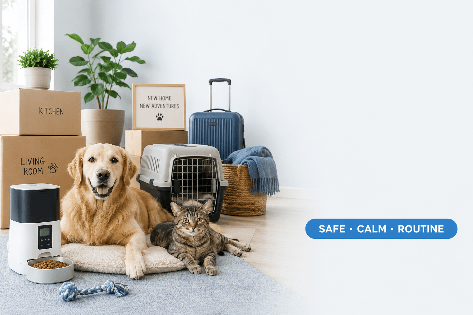 moving with pets tips cover image with safe calm routine badge
