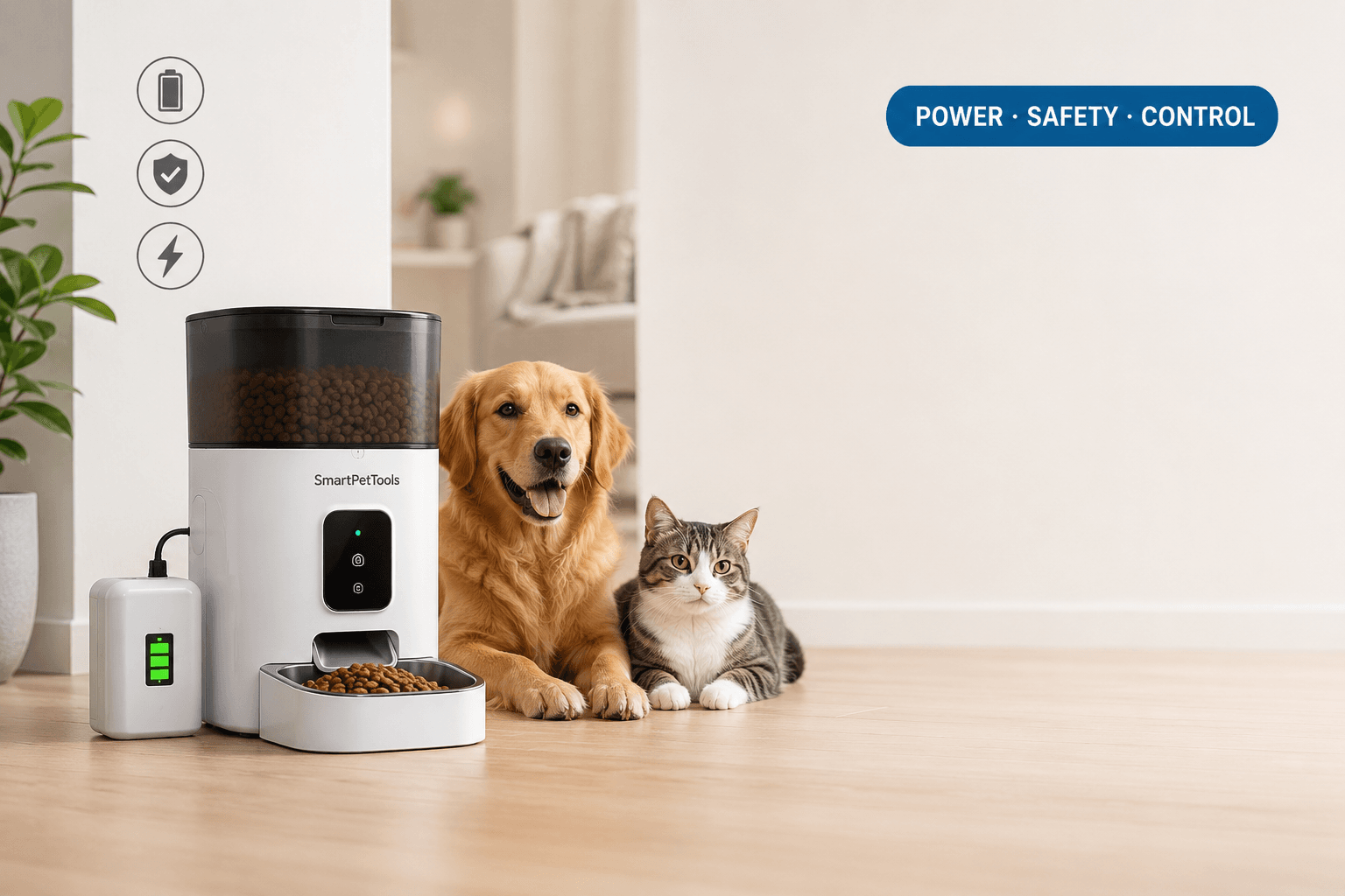 pet feeder with battery backup cover image with power safety control badge