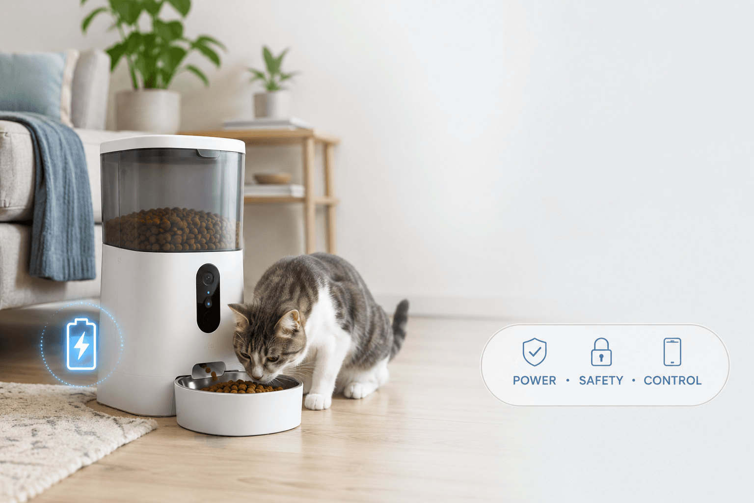 pet feeder with battery backup cover image with power safety control badge