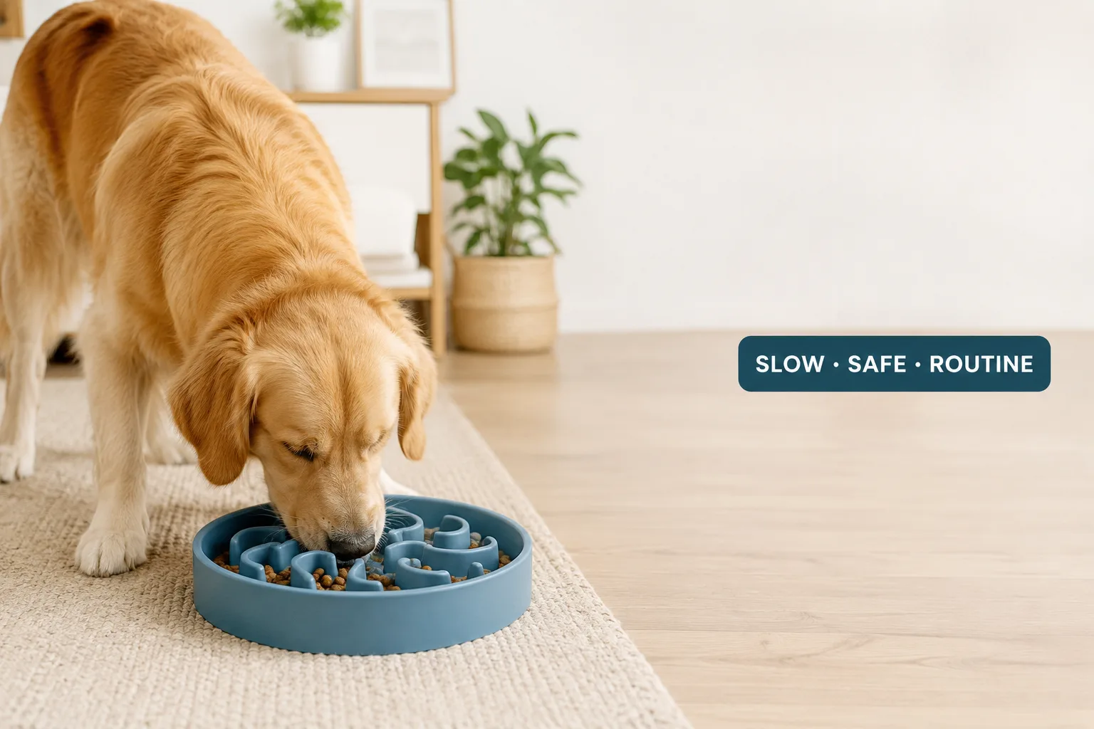silicone dog slow feeder cover image with slow safe routine badge