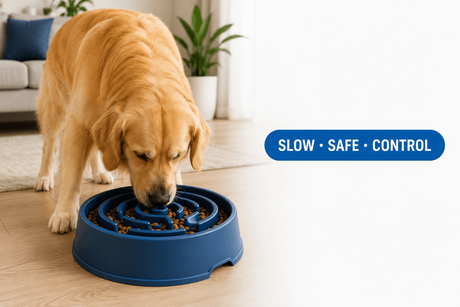 slow feeder dog bowl for large breeds cover image with slow safe control badge