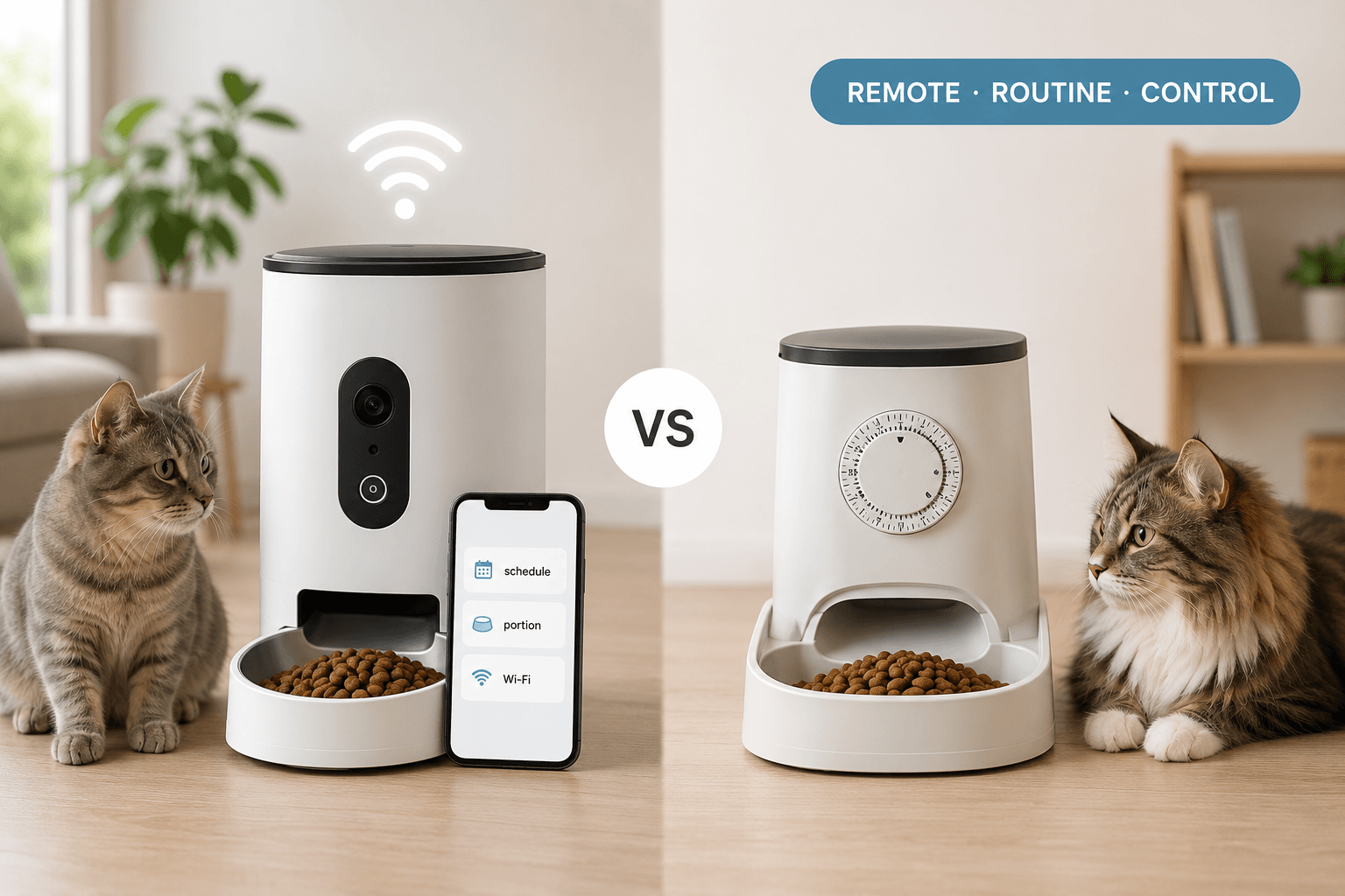 smart app vs timed pet feeder cover image with remote routine control badge