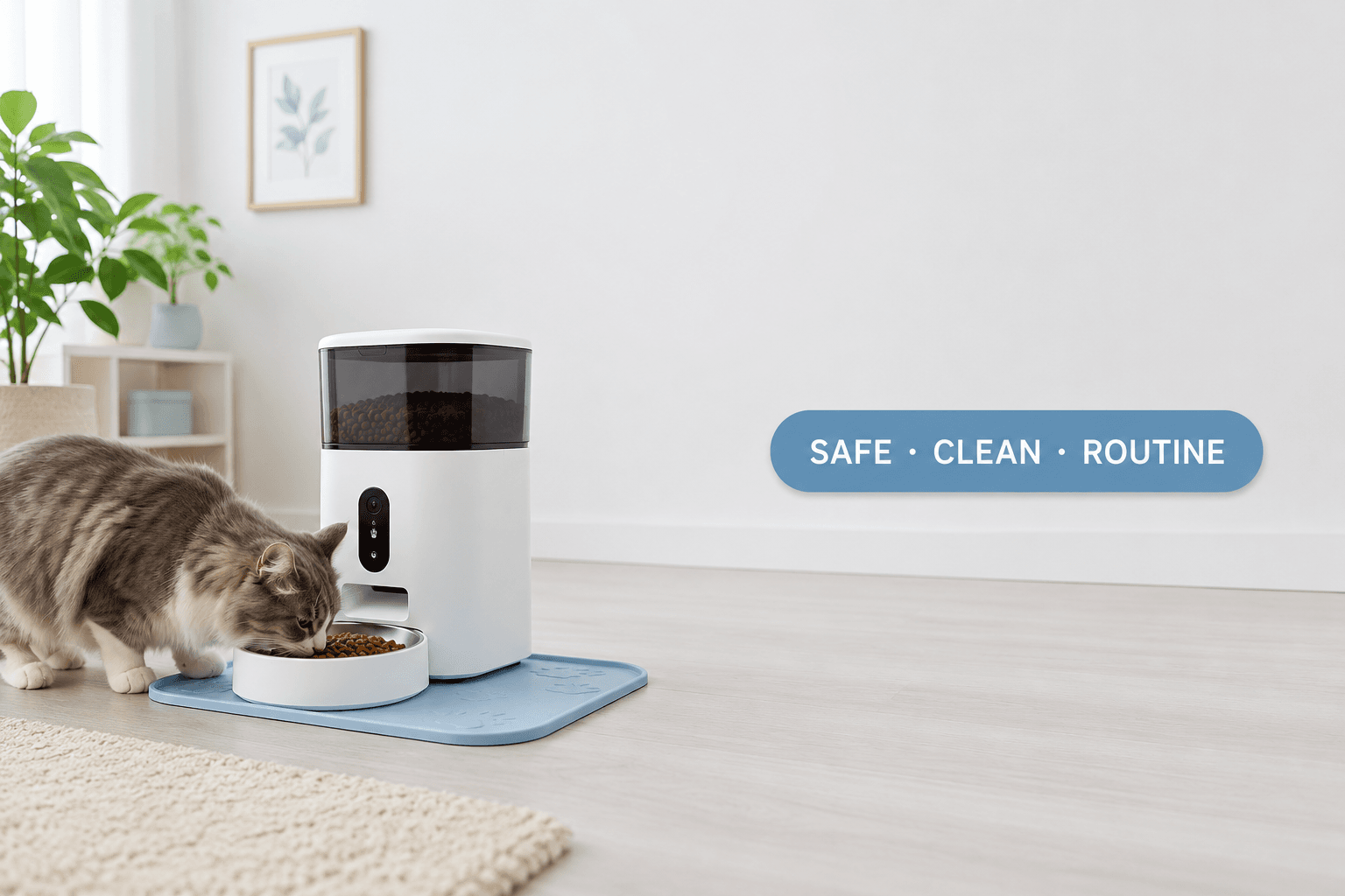 smart feeder placement cover image with safe clean routine badge