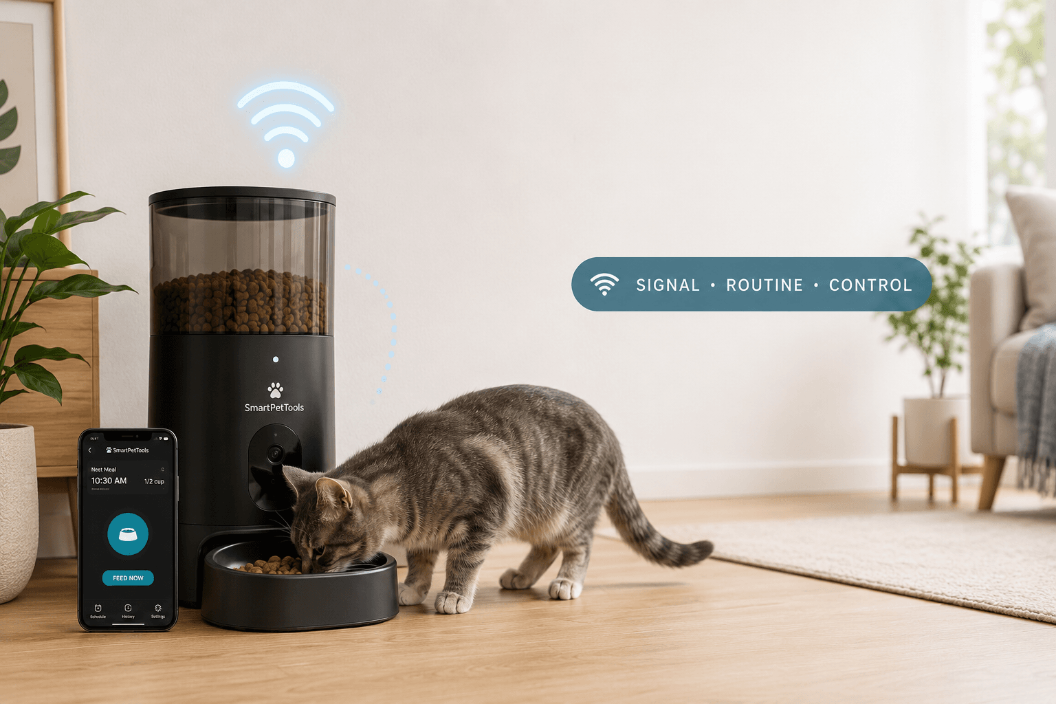 smart pet feeder wifi connection cover image with signal routine control badge
