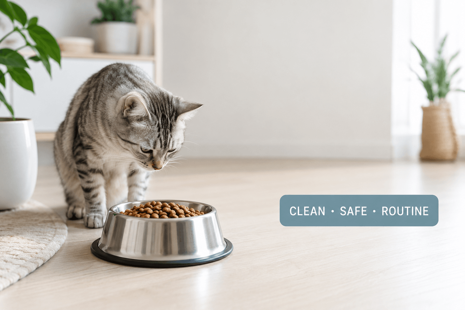 stainless steel cat feeder bowl cover image with clean safe routine badge