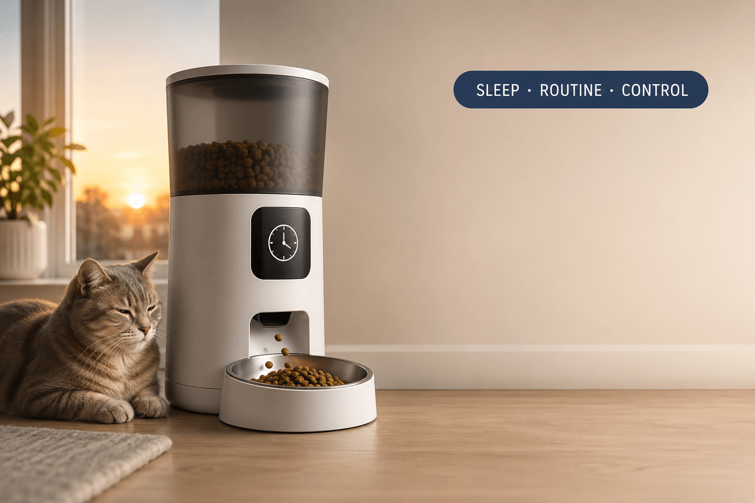 timed cat feeder for early morning cover image with sleep routine control badge