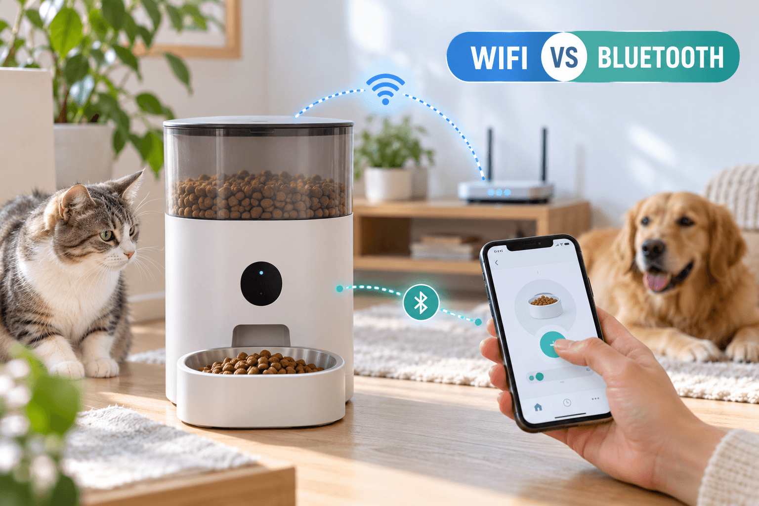 WiFi vs Bluetooth pet feeder cover image showing a smart feeder app and a phone connected locally