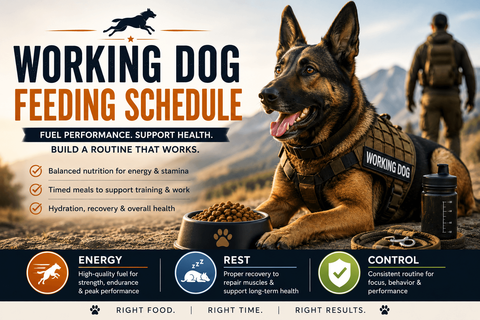 working dog feeding schedule cover image with energy rest control badge