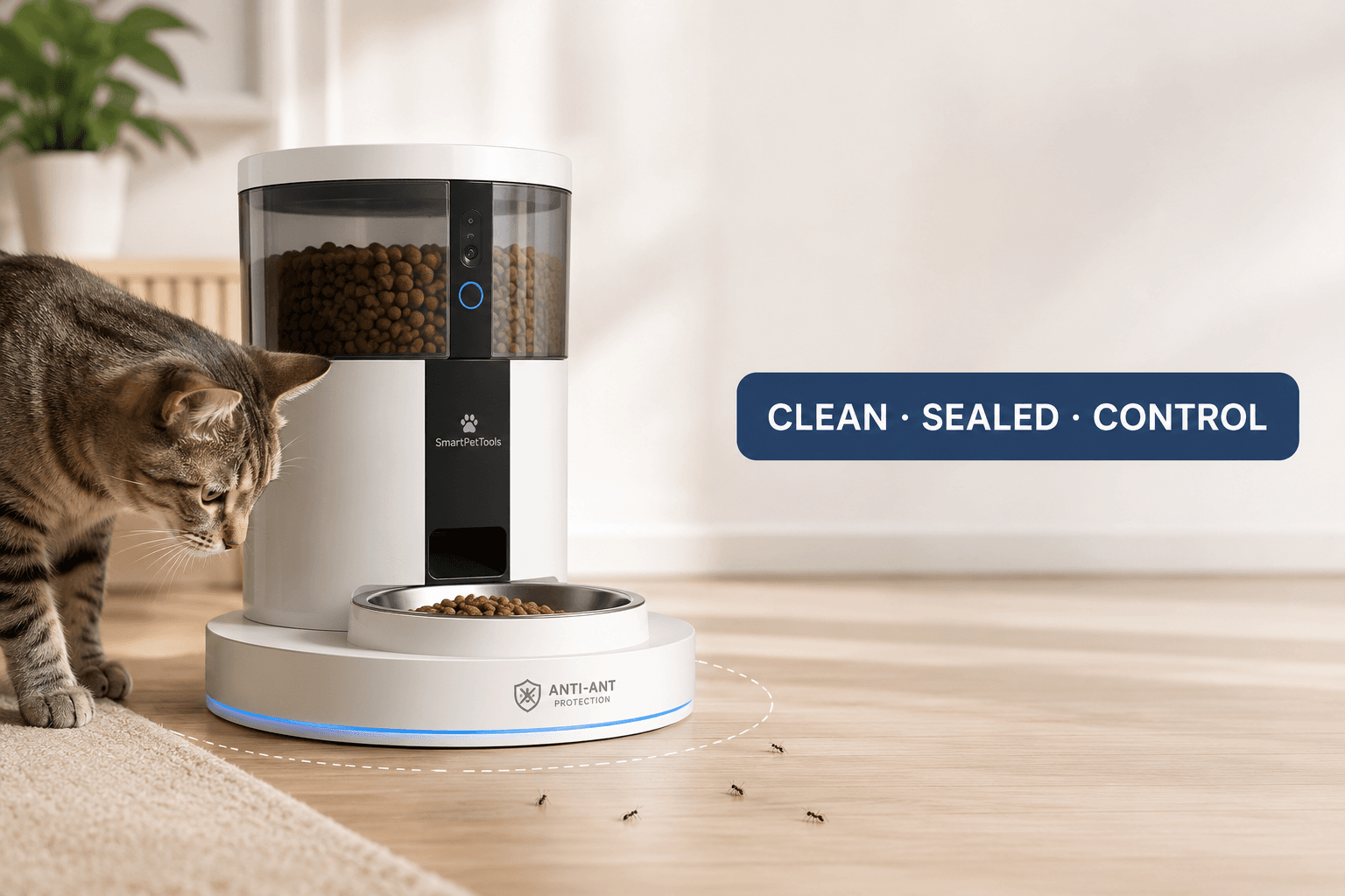 ant proof pet feeder cover image with clean sealed control badge