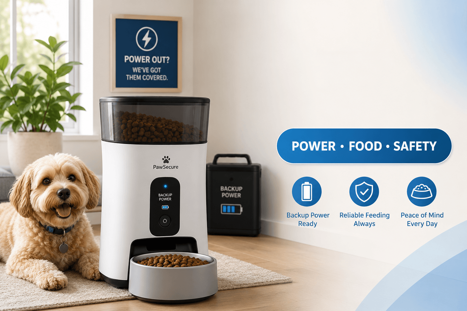 emergency backup pet feeder cover image with power food safety badge