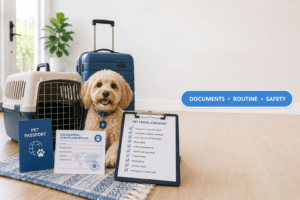international pet travel cover image with documents routine safety badge