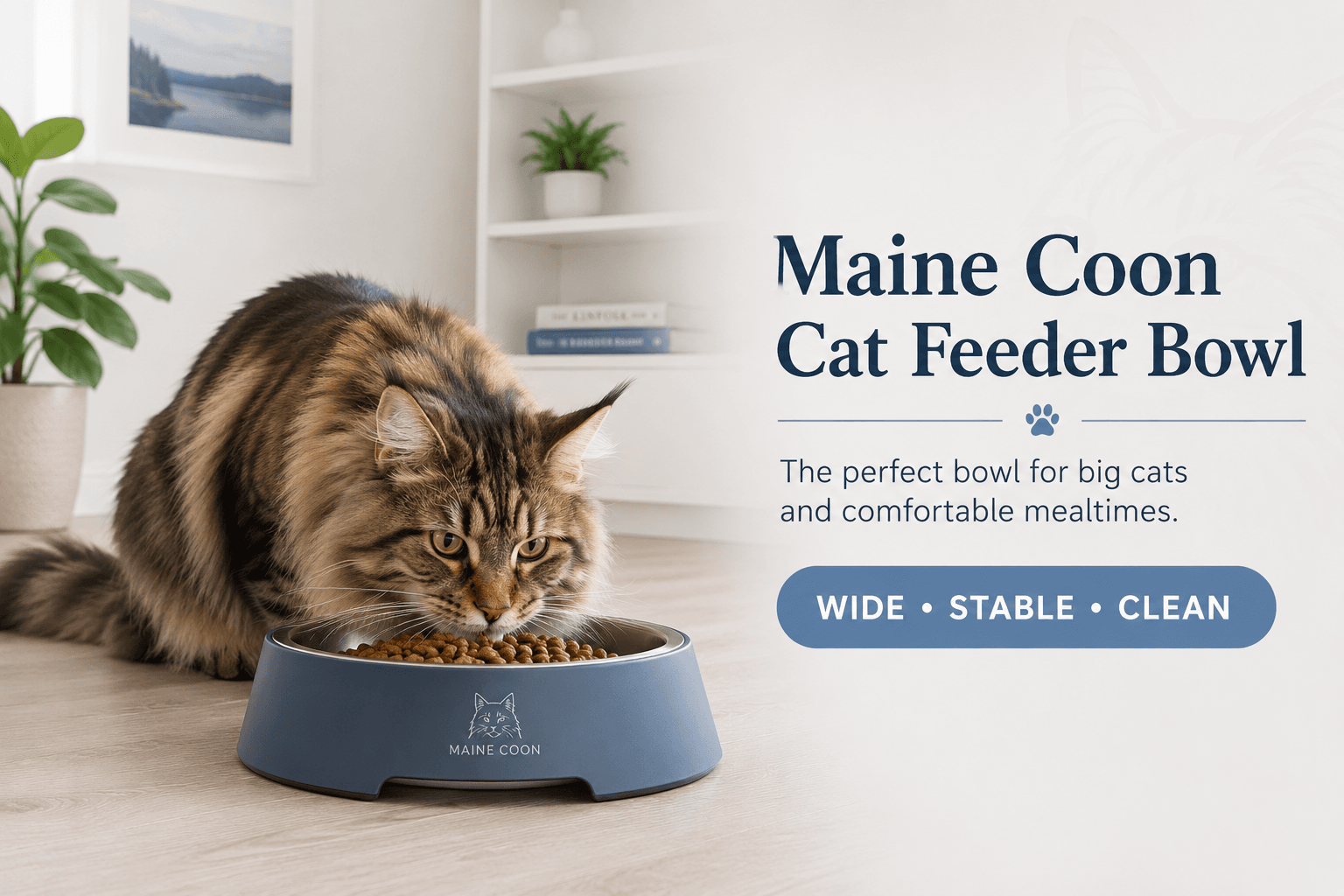 maine coon cat feeder bowl cover image with wide stable clean badge