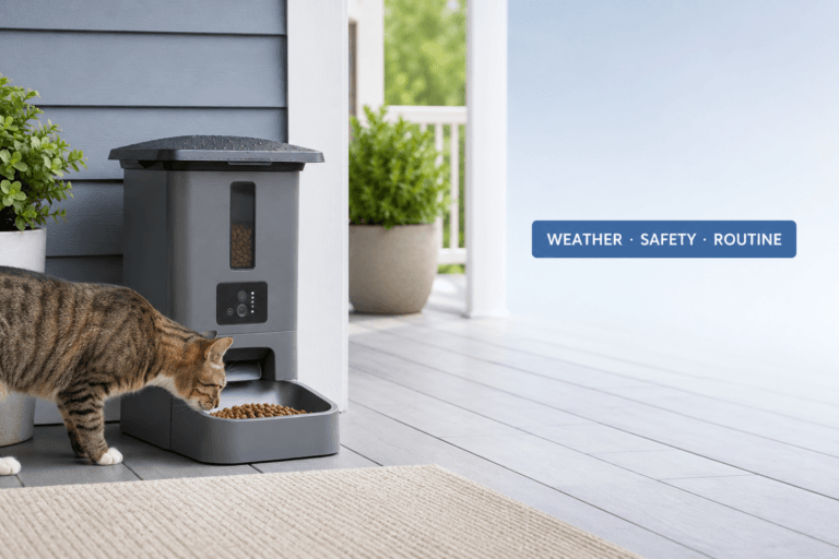 outdoor automatic pet feeder cover image with weather safety routine badge