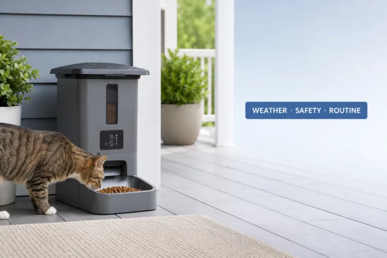 outdoor automatic pet feeder cover image with weather safety routine badge