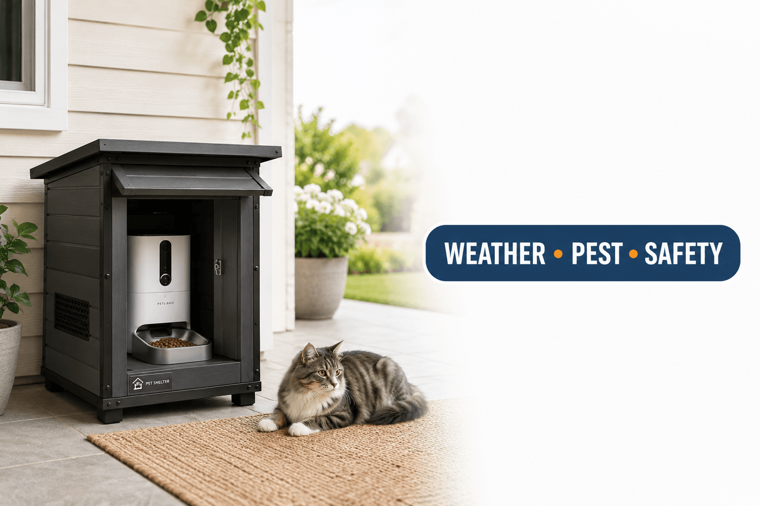 outdoor smart pet feeder enclosure cover image with weather pest safety badge
