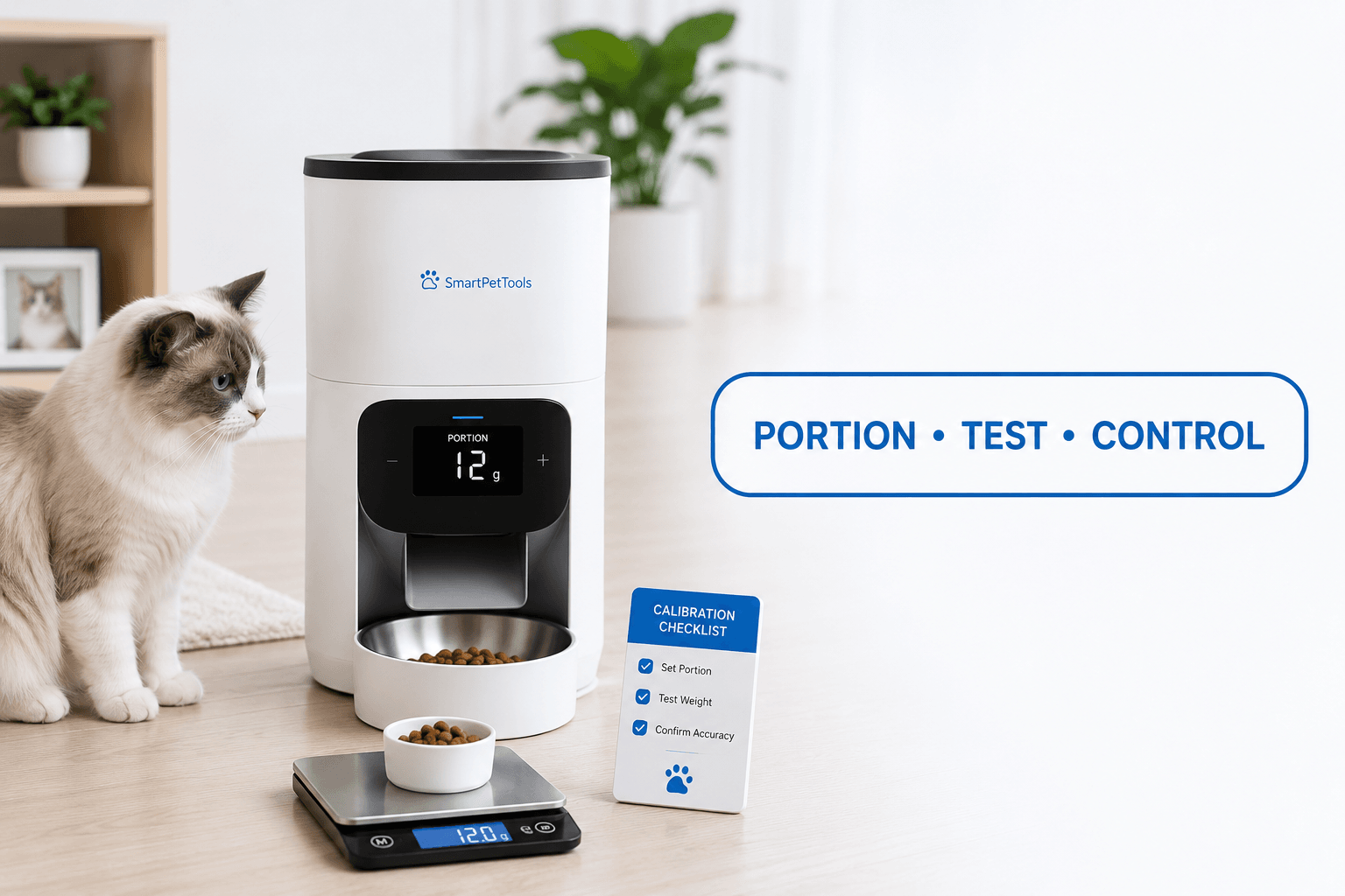 pet feeder calibration cover image with portion test control badge