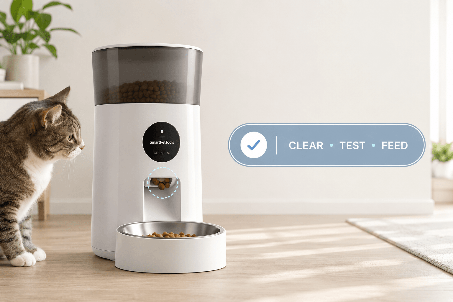 pet feeder jammed cover image with clear test feed badge