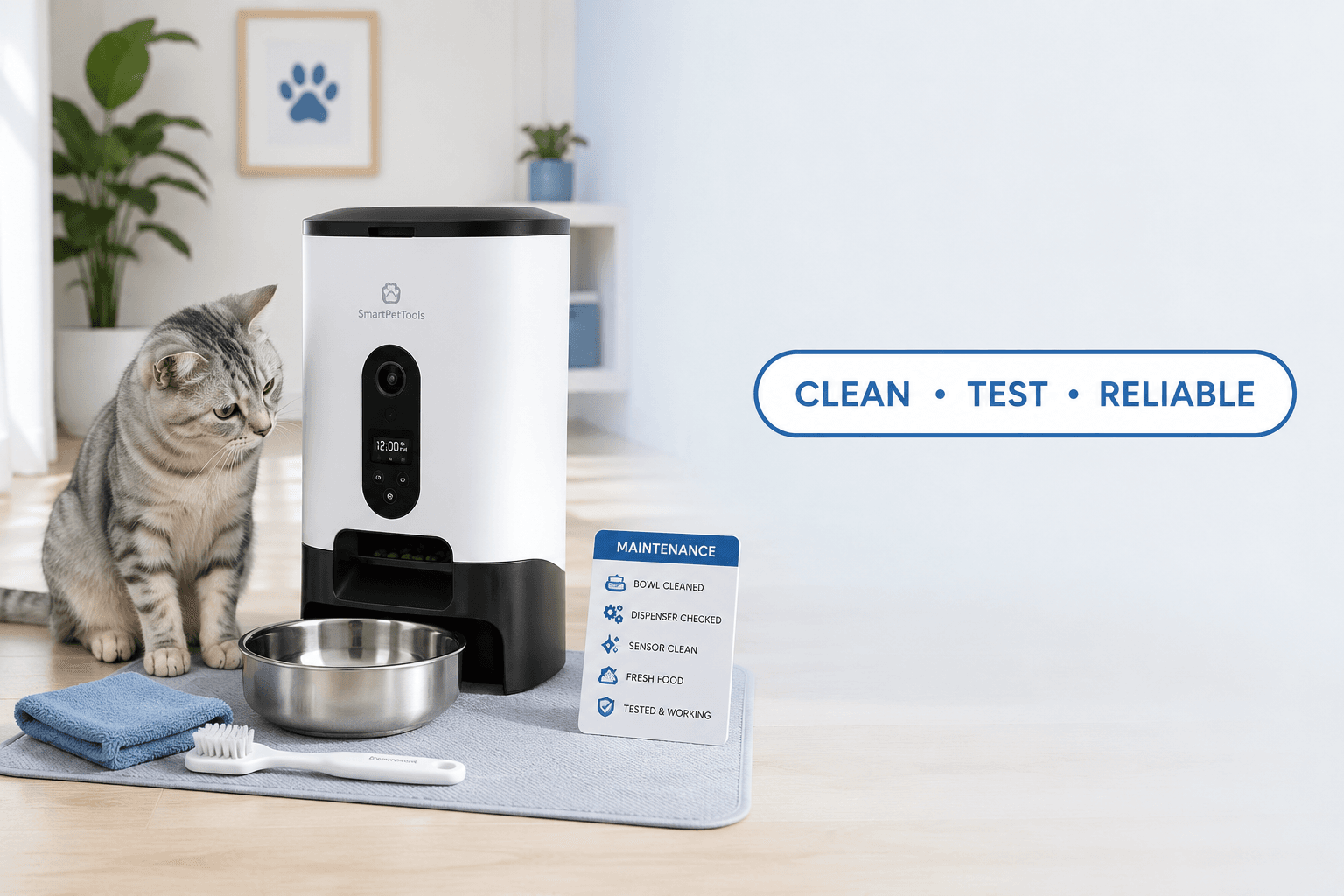 pet feeder maintenance cover image with clean test reliable badge