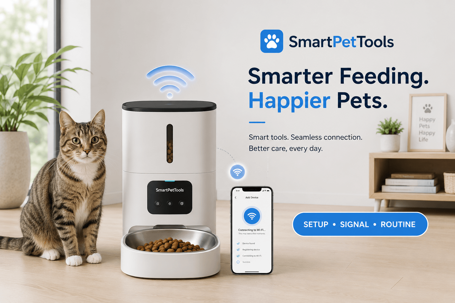 pet feeder wifi connection cover image with setup signal routine badge