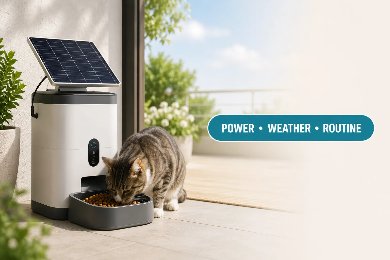 solar powered pet feeder cover image with power weather routine badge