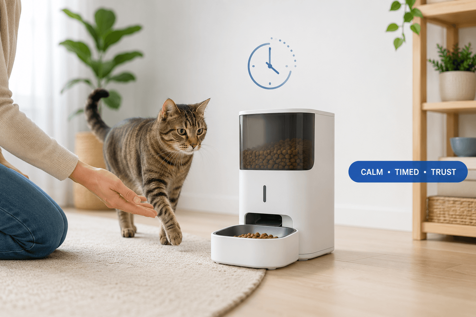 training cat to use feeder cover image with calm timed trust badge