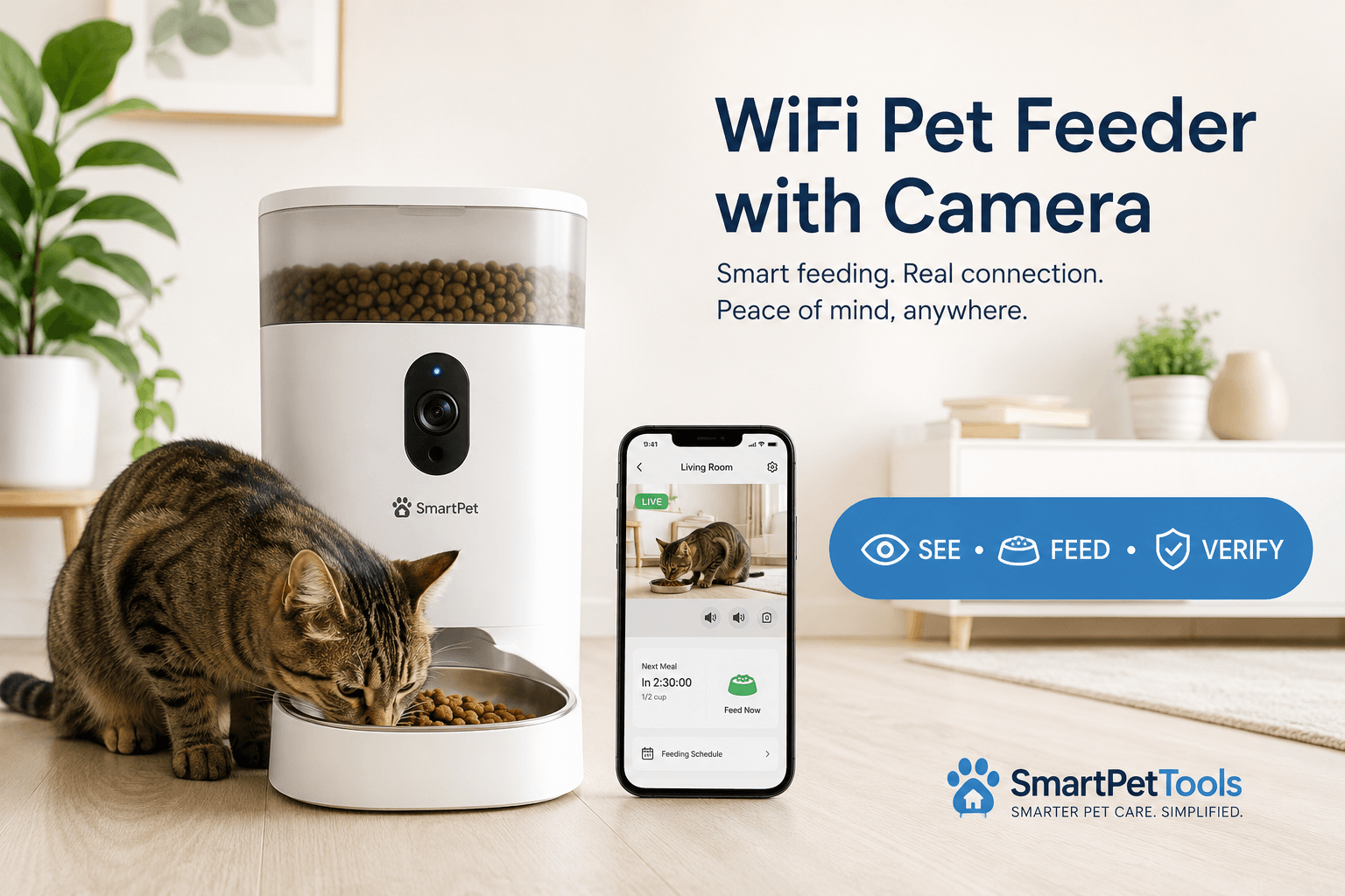 wifi pet feeder with camera cover image with see feed verify badge