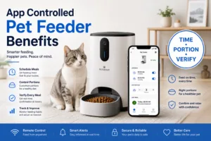 app controlled pet feeder benefits cover image with time portion verify badge