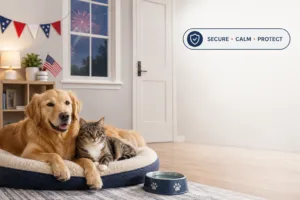 4th of july pet safety cover image with secure calm protect badge