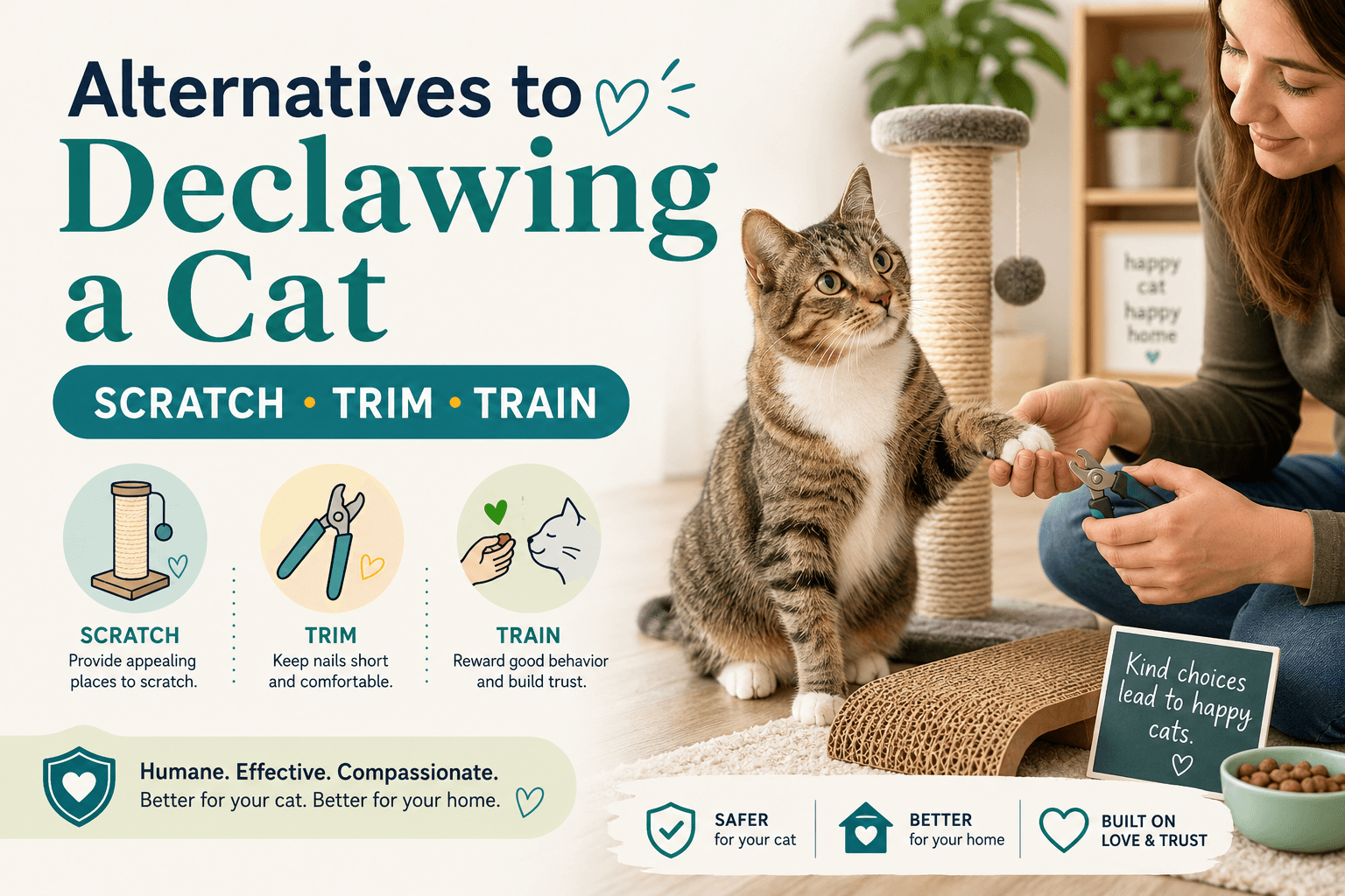alternatives to declawing a cat cover image with scratch trim train badge