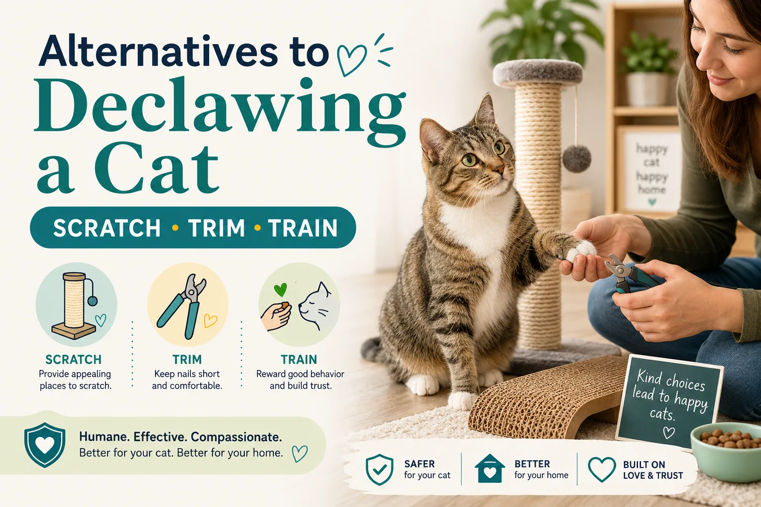 alternatives to declawing a cat cover image with scratch trim train badge