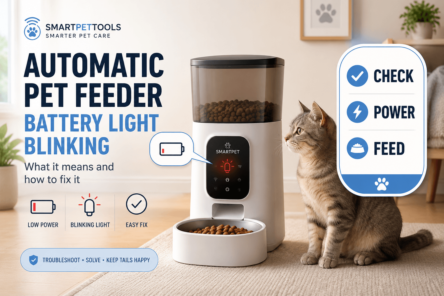 automatic pet feeder battery light blinking cover image with check power feed badge