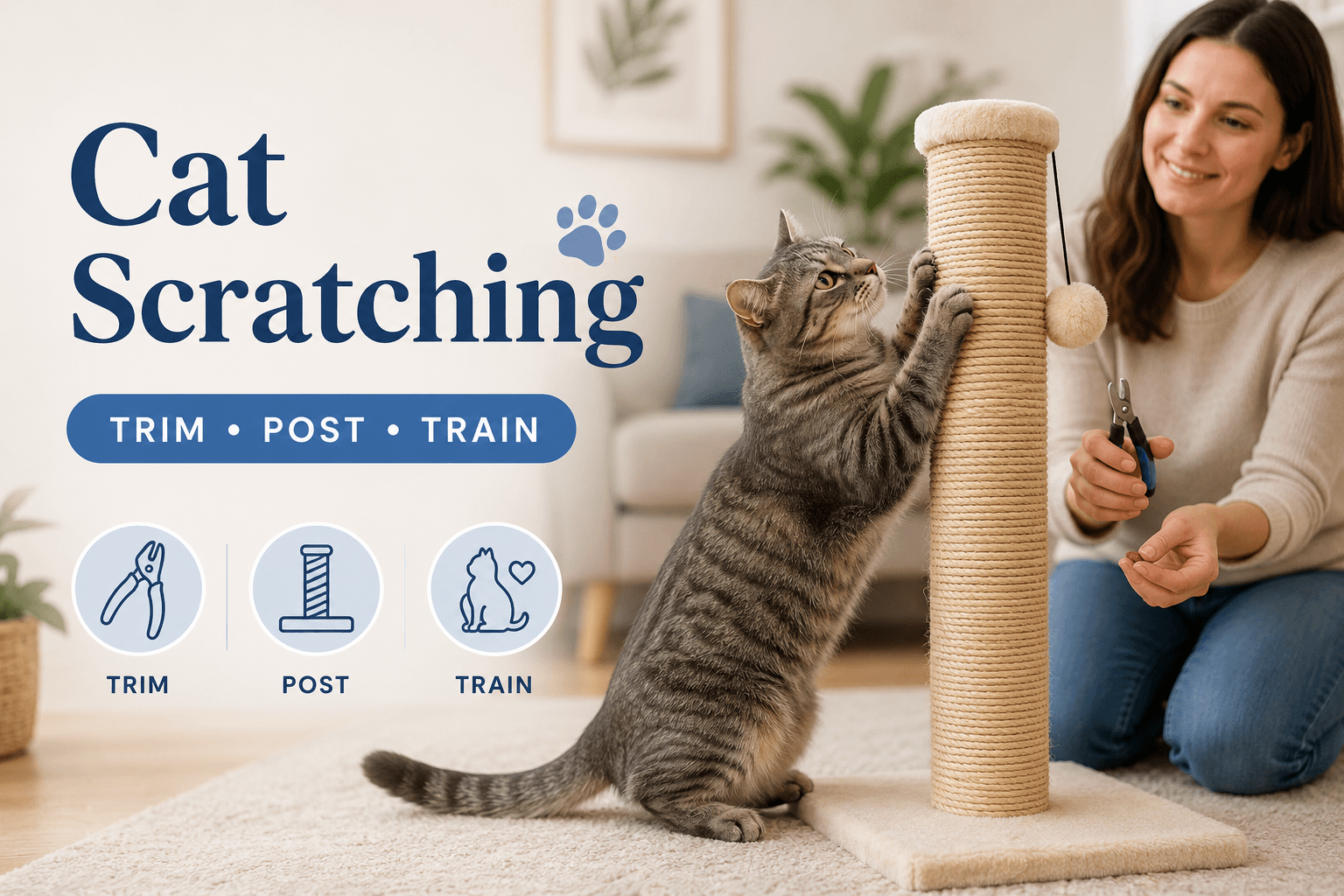 cat scratching cover image with trim post train badge