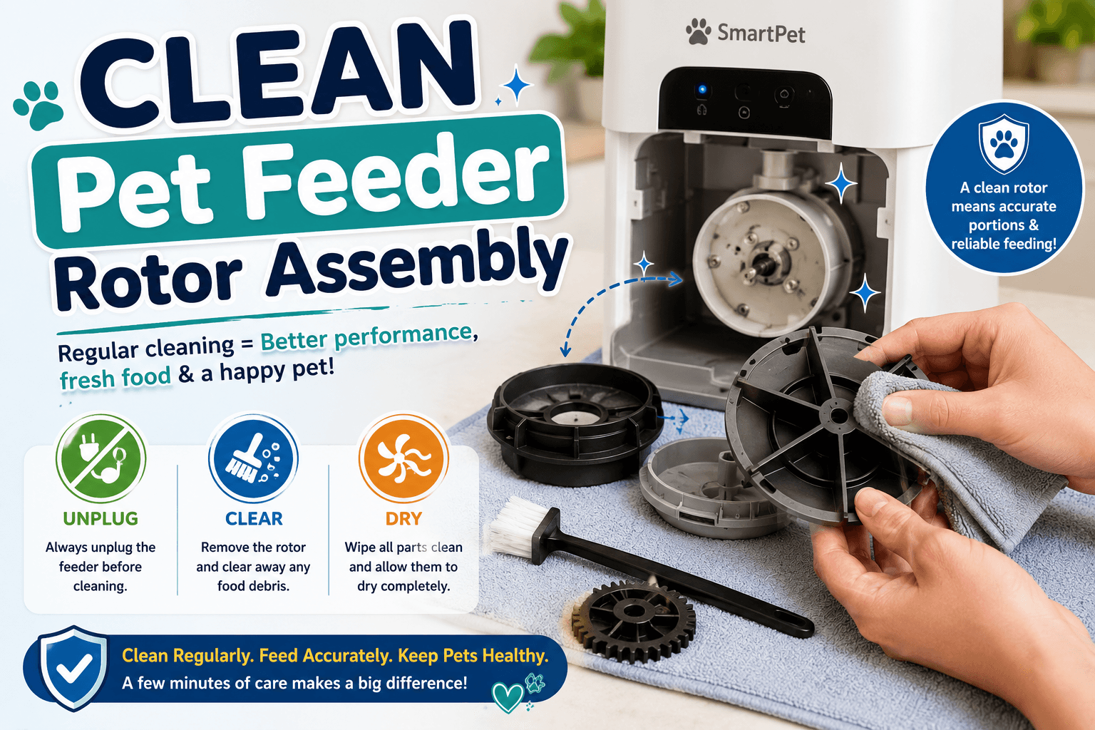 clean pet feeder rotor assembly cover image with unplug clear dry badge