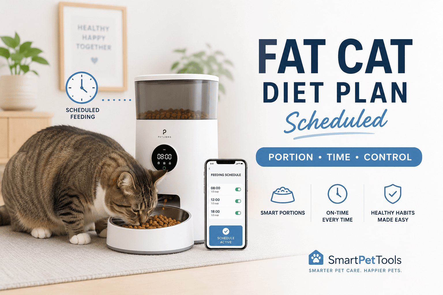 fat cat diet plan scheduled cover image with portion time control badge