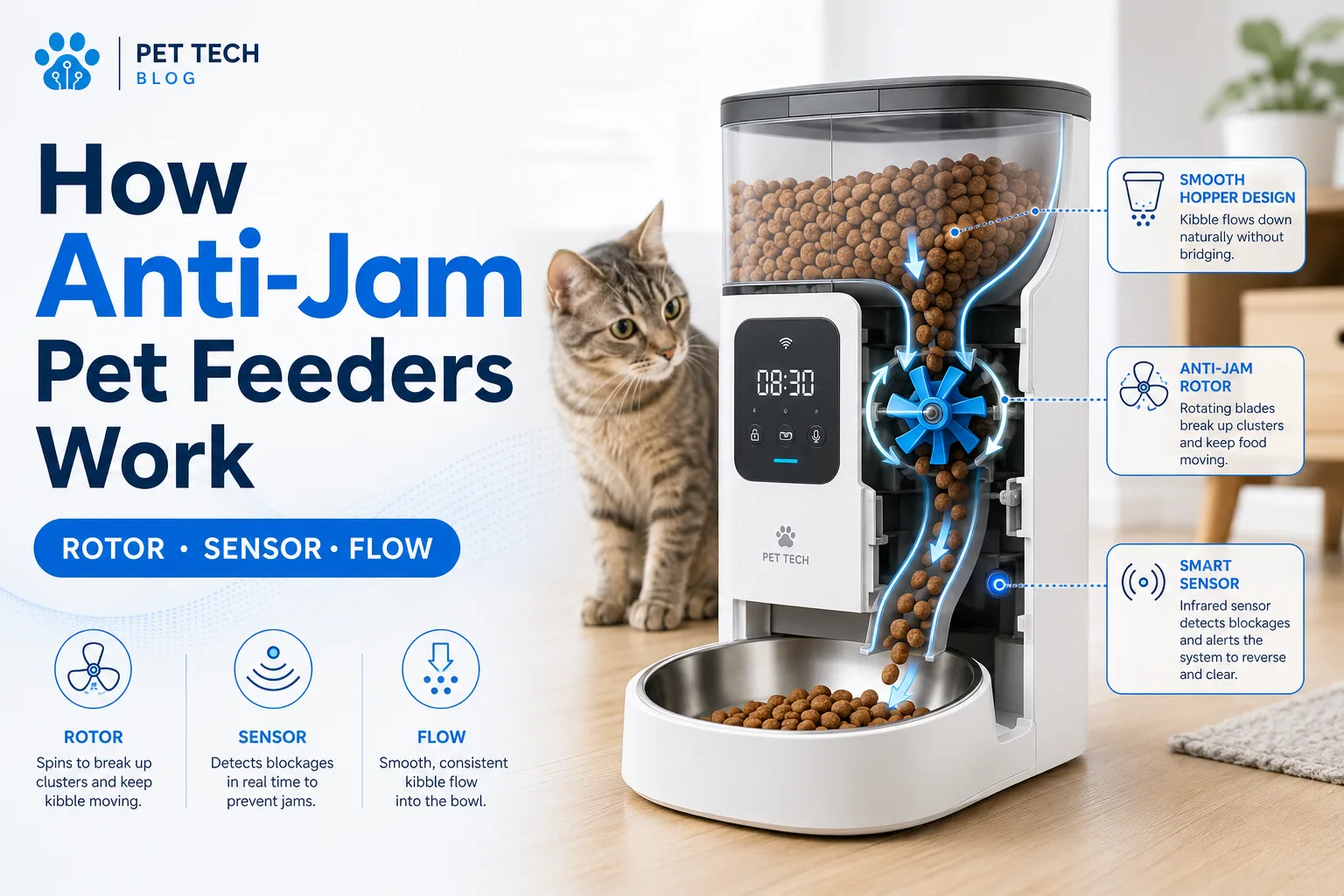 how anti-jam pet feeders work cover image with rotor sensor flow badge