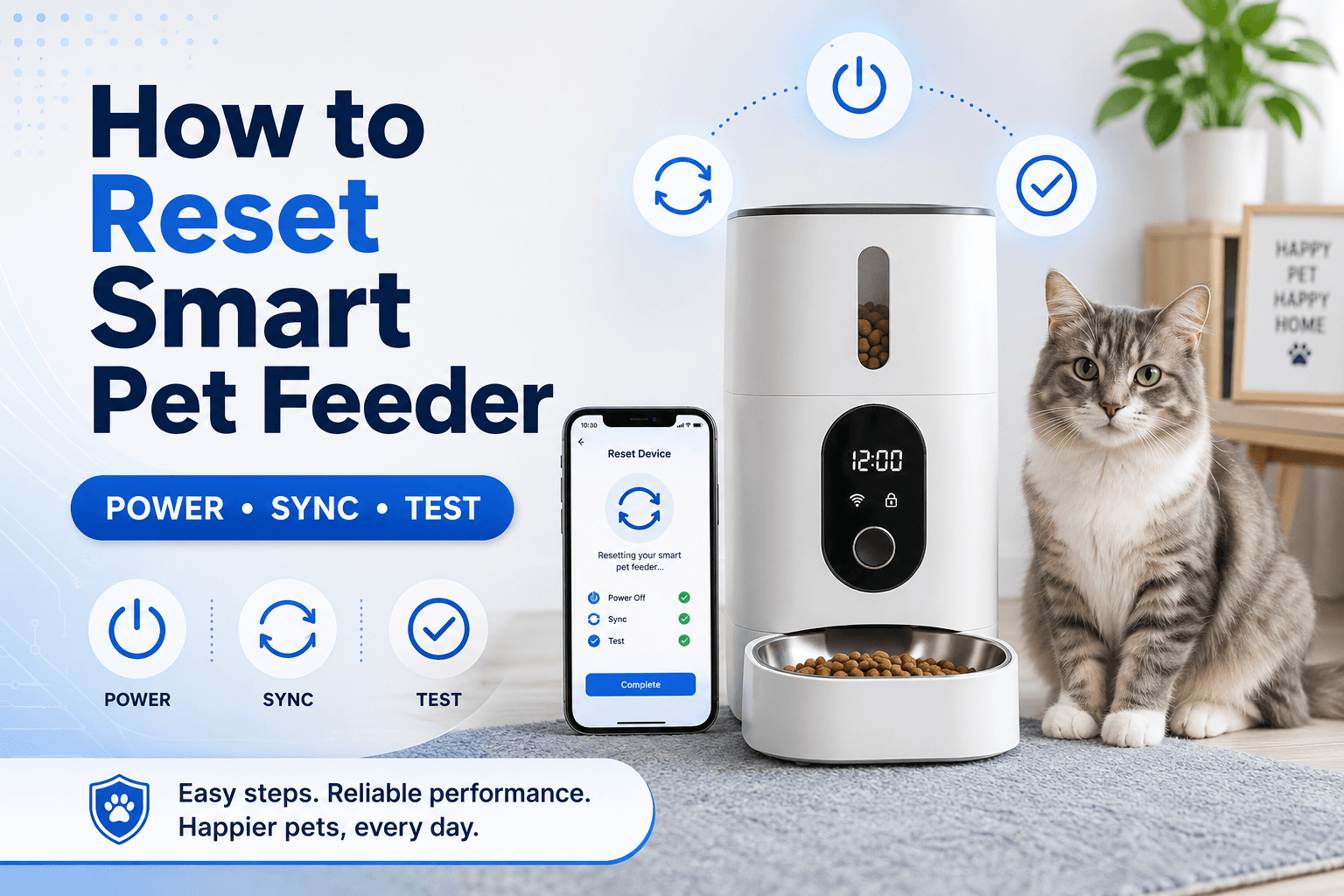 how to reset smart pet feeder cover image with power sync test badge