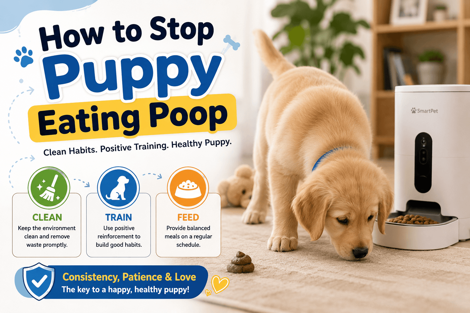 how to stop puppy eating poop cover image with clean train feed badge