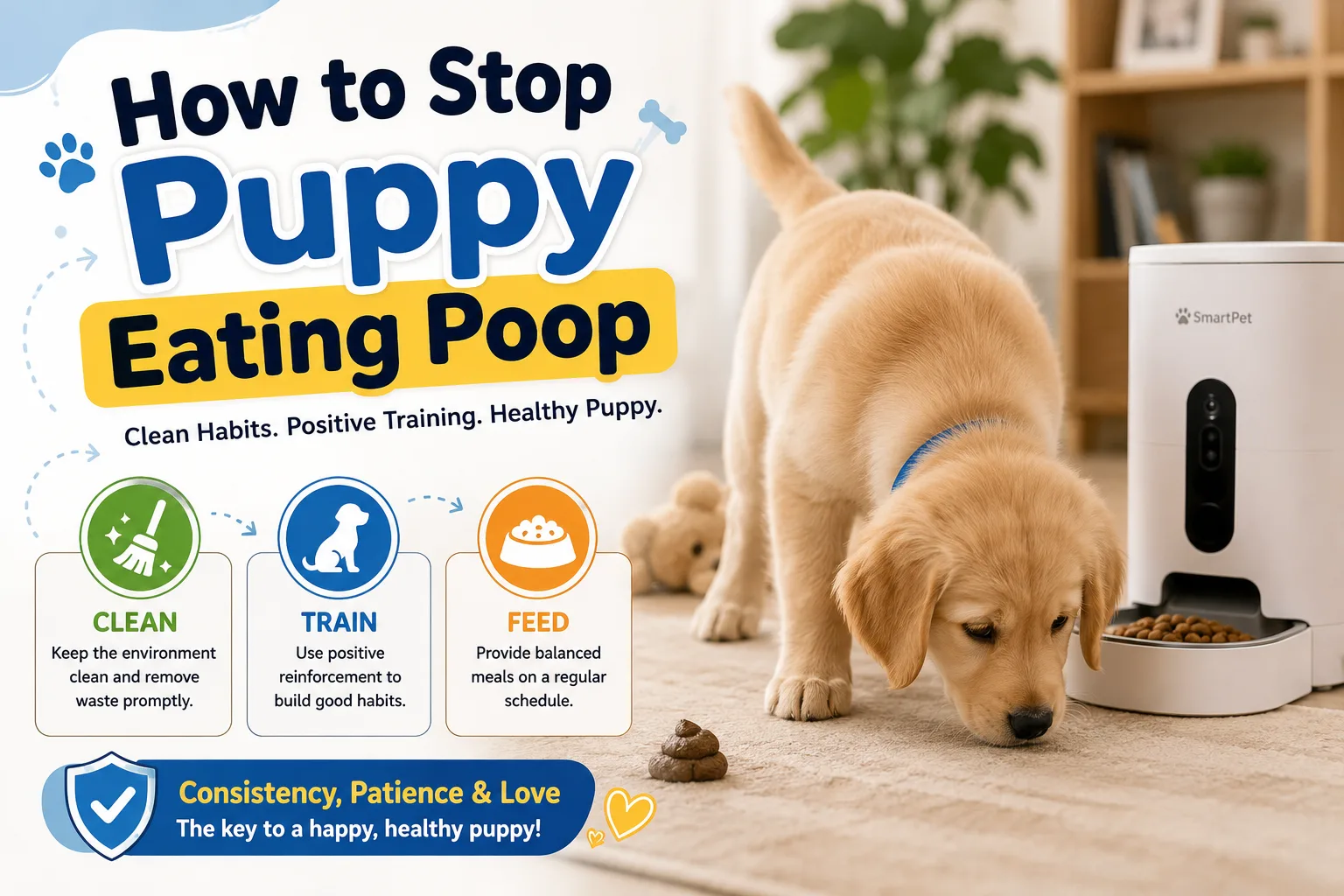how to stop puppy eating poop cover image with clean train feed badge