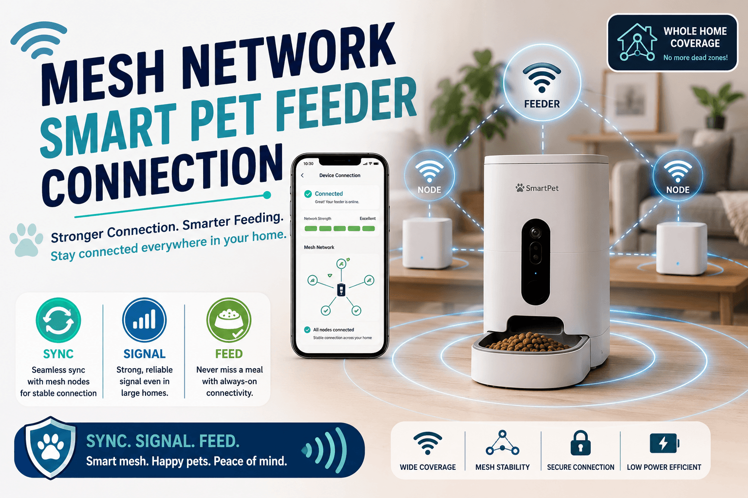 mesh network smart pet feeder connection cover image with sync signal feed badge