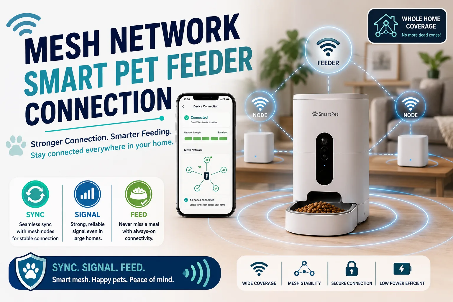 mesh network smart pet feeder connection cover image with sync signal feed badge