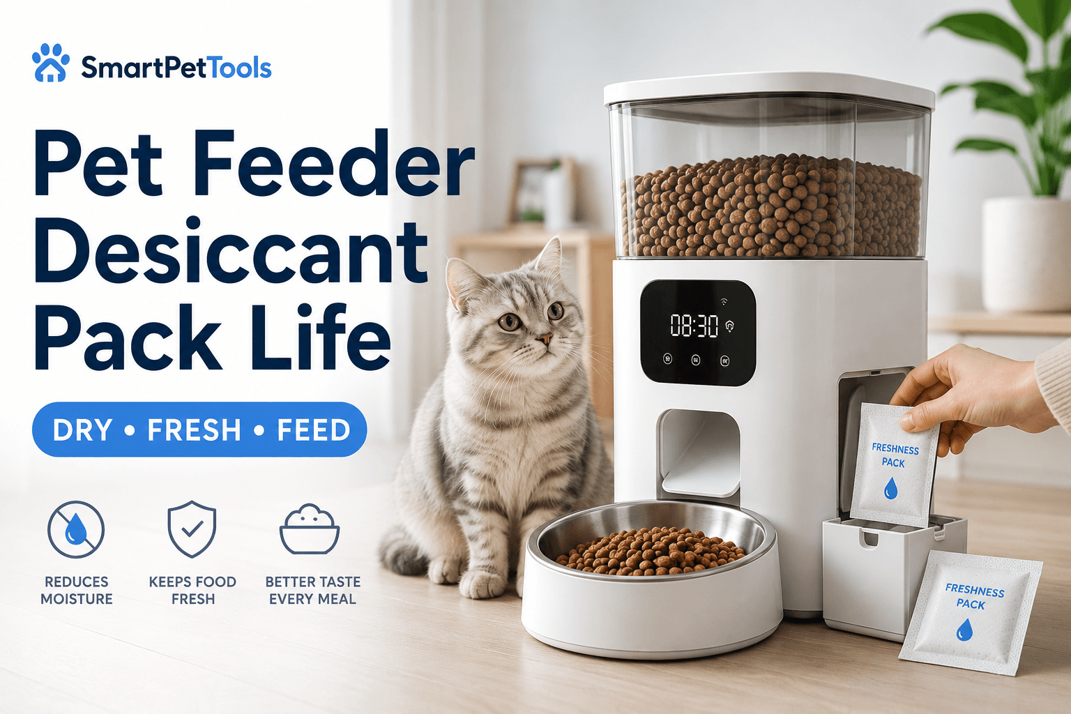 pet feeder desiccant pack life cover image with dry fresh feed badge