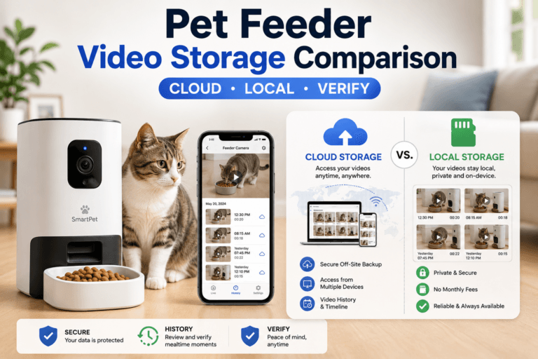 pet feeder video storage comparison cover image with cloud local verify badge