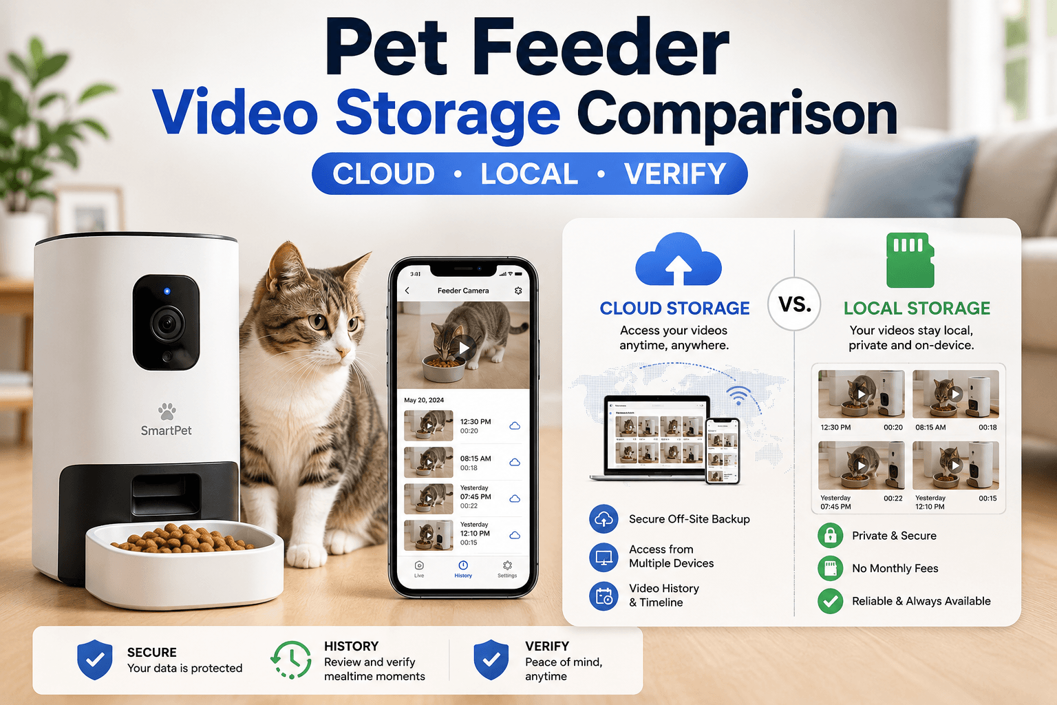 pet feeder video storage comparison cover image with cloud local verify badge