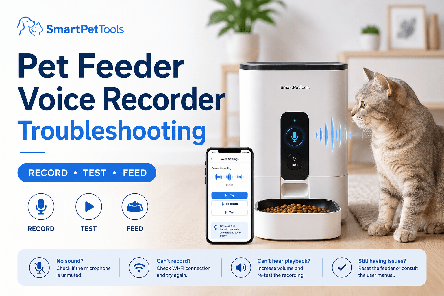 pet feeder voice recorder troubleshooting cover image with record test feed badge